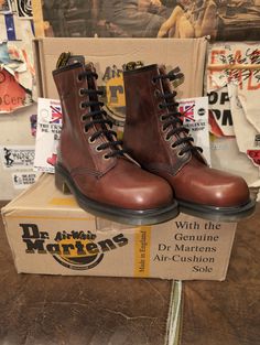 These are a very rare , truly original and extremely vintage pair of Dr Martens boots  These are 2990s original stocks. They were made at their factory in Northampton, England at a time considered their best stocks. This 8 hole boot has been finished in a fantastic Reddy brown abeline leather. Unusually, they have a small heel. Very unique. They are a UK size 6, European 39, USA ladies 8 Vintage Goodyear Welted Ankle Boots, Vintage Boots With Leather Sole And Round Toe, Brown Combat Boots With Reinforced Heel And Snip Toe, Vintage Closed Toe Boots For Fall, Vintage Fall Boots Closed Toe, Vintage Boots For Fall, Vintage Snip Toe Work Boots With Leather Sole, Vintage Brown Boots With Reinforced Heel, Vintage Leather Sole Boots With Closed Toe