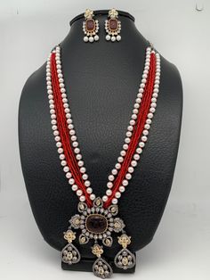 Red Stone AD Victorian Polish Pendent and Red Crystal Beads Pearls Necklace, Rani Haar, Indian Jewelry, Pakistani Jewelry, Trendy Jewelry, Rani Haar, Indian Jewelry, Pakistani Jewelry, Trendy Jewelry Necklace Length : 24 Inches; Earring Length : 2 inches Elegant Red Beaded Necklaces For Festivals, Elegant Red Beaded Necklace For Festivals, Elegant Red Beaded Festival Necklaces, Festive Red Pearl Necklace With Round Beads, Red Beaded Chain Necklace For Wedding, Red Pearl Necklace For Festive Gift, Red Pearl Necklace Gift For Festive Occasions, Festive Red Jewelry With Dangling Beads, Festive Red Pearl Necklace As Gift