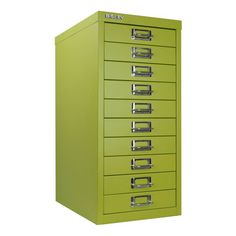 a green filing cabinet with five drawers