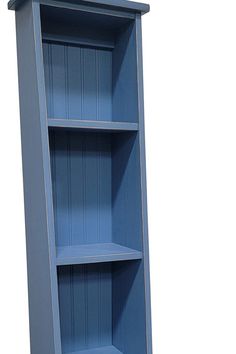 a blue bookcase with three shelves on each side and one shelf in the middle