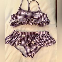 Adorable Ruffle Bikini In Purple Check. By Canadian Designer Souris Mini (Similar To Hanna Andersson). Never Worn. Size 8 But Runs A Tad Slim Cute Summer Tankini For Playwear, Cute Summer Tankini For Casual Wear, Fitted Summer Swimwear For Playtime, Fitted Playful Tankini, Fitted Summer Playwear Tankini, Cute Tankini For Beach Season Vacation, Cute Fitted Tankini For Swimming, Cute Fitted Tankini For Beach Season, Fitted Beachwear Tankini For Playtime