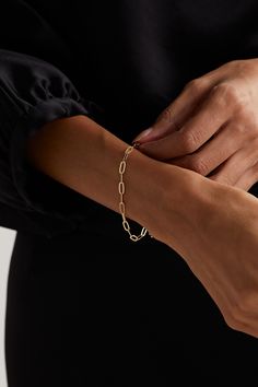 Mateo's bracelet is designed in a simple shape that looks great on its own or stacked with other minimal styles. It's hand-cast from polished 14-karat gold with sleek paperclip chain-links and feels really lightweight. Paperclip Bracelet, Gold Pearl Bracelet, Latest Bracelets, Gold Bracelet For Women, Chain Links, Minimal Jewelry, Gold Bracelet Chain, Hand Cast, Blue Bracelet