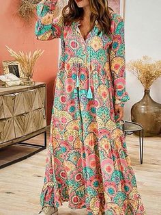 Brand Name:streetsangels,Fabric Type:Knitting,Pattern Type:Print,Fit Type:LOOSE,Silhouette:A-LINE,Neckline:V-Neck,Decoration:Printing,Style:Casual, Casual Long Sleeve Maxi Dress With Vibrant Print, Bohemian V-neck Maxi Dress With Colorful Pattern, Multicolor V-neck Maxi Dress For Fall, Multicolor Print V-neck Maxi Dress, Casual V-neck Maxi Dress With Colorful Pattern, Long Sleeve Casual, Red Dress, Knitting Patterns, V Neck