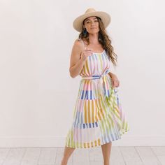 Sunshine Tienda® Colorful Stripe Champagne Beach Dress Champagne Beach, Striped Beach Dress, Button Down Midi Dress, Toys Art, Park Designs, Organic Cotton Dress, Selling Prints, Day Time, Flattering Dresses