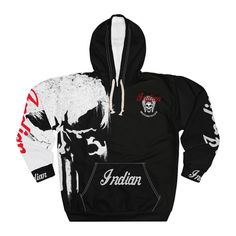 This bold and rugged hoodie features a unique fusion of two iconic symbols--Indian Motorcycle and the Punisher Skull. The front showcases the classic Indian Motorcycle logo, renowned for its rich heritage and timeless style, while the back displays the fierce Punisher Skull, symbolizing strength and determination. Made from premium, soft cotton-blend fabric, this hoodie offers comfort and warmth, perfect for riding or casual wear. With a relaxed fit, adjustable drawstring hood, and front pouch pocket, it's a must-have for motorcycle enthusiasts who embrace the rebellious spirit of adventure and power. Fan Apparel Hoodie With Graphic Print, Hooded Hoodie With Graphic Print - Fan Apparel, Urban Hoodie With Front And Back Print For Winter, Heavyweight Cotton Sweatshirt For Streetwear, Heavyweight Cotton Long Sleeve Sweatshirt, White Fan Apparel Hoodie For Streetwear, Fan Apparel Hoodie Sweatshirt With Graphic Print, Urban Sweatshirt With Front And Back Print For Streetwear, Heavyweight Long Sleeve Hoodie For Fall