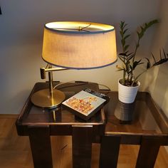 a table with a lamp and a book on it next to a potted plant