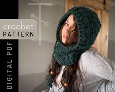 a woman wearing a green knitted hat and scarf over her head with the text crochet pattern digital pad