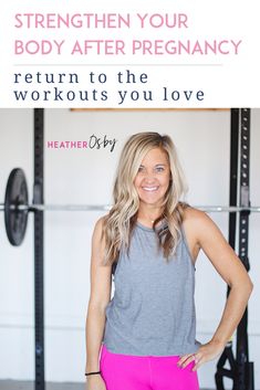 a woman standing in front of a gym machine with the words, strength your body after pregnancy