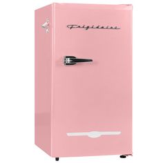 a pink refrigerator freezer sitting on top of a white floor