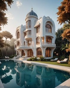 a large white building sitting next to a swimming pool