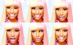 nicki mina's face with pink hair and long blonde hair, in four different pictures