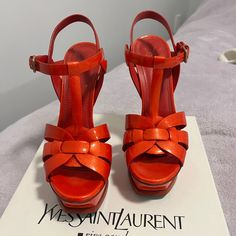 Size 37, Soles Are Redone. Damages Are Shown In Pics. Red-Orange Patent Leather Orange Platform Sandals With Ankle Strap, Orange Heels With Heel Loop For Evening, Orange Evening Heels With Heel Loop, Formal Orange Sandals With Heel Loop, Luxury Orange Heels For Spring, Red Patent Leather Platform Sandals, Designer High Heel Orange Sandals, Designer High Heel Sandals With Red Sole, Orange Closed Toe Evening Sandals