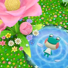 a frog floating in the middle of a pond surrounded by flowers and other plants, next to a pink flower