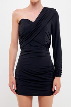 This formfitting mini dress is the perfect style to wear to a bachelorette party, fancy dinner, or girls' night out. The extremely stretchy fabric hugs your body while allowing you to remain comfortable all night long. The boning in the bust and padding in the shoulder add a structured element to this little black dress. One-sleeve style Shoulder pad Mixed sweetheart neckline Draped detail on neckline Boning in bust Ruched along side and sleeve Mini length Fitted silhouette Side zipper with hook Black One-shoulder Elastane Bodycon Dress, Black One-shoulder Bodycon Dress, One-shoulder Black Elastane Bodycon Dress, Formal Fitted Mini Dress With Boning, Elegant Formal Mini Dress With Boning, Evening Ruched Fitted Bodycon Dress, Black Elastane Bodycon Dress For Party, Fitted Ruched Bodycon Evening Dress, Ruched Fitted Bodycon Evening Dress