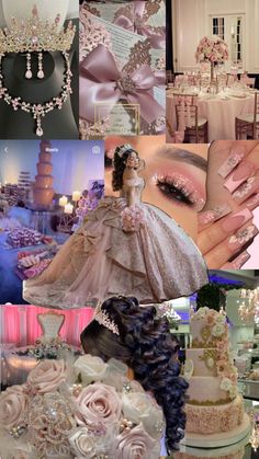 a collage of wedding dresses and jewelry in pinks, blues, browns and whites