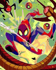 spider - man is flying through the air in front of an orange and green background