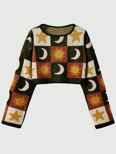 Plus Size Women's Sun And Moon Pattern Round Neck Sweater, Winter Army Green Casual  Long Sleeve Fabric Graphic,All Over Print Pullovers Slight Stretch  Women Plus Clothing, size features are:Bust: ,Length: ,Sleeve Length: Plus Size Pullover, Moon Pattern, Cropped Pullover, Round Neck Sweaters, Plus Size Sweaters, Print Pullover, Dream Clothes, Cropped Sweater, Crochet Clothes