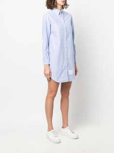 light blue cotton RWB stripe classic collar front button placket long sleeves buttoned cuffs curved hem Striped Collar Shirt Dress, Daywear Shirt Dress With Striped Collar, Long Sleeve Shirt Dress With Striped Collar For Spring, Long Sleeve Shirt Dress With Striped Collar For Daywear, Spring Long Sleeve Shirt Dress With Striped Collar, Classic Long Sleeve Cotton Shirt Dress, Button-up Shirt Dress With Striped Collar For Daywear, Long Sleeve Shirt Dress With Striped Collar For Work, Classic Striped Button-up Shirt Dress