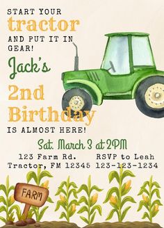 a tractor birthday party card with an illustration of a green tractor on the front and back