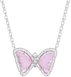 Elegant Pink Butterfly Clavicle Necklace, Elegant Pink Butterfly Necklace Gift, Elegant Pink Butterfly Necklace For Gift, Feminine Pink Sterling Silver Necklaces, Formal Pink Jewelry With Adjustable Chain, Elegant Pink Butterfly Necklace, Pink Sterling Silver Jewelry With Butterfly Charm, Adjustable Pink Butterfly Jewelry, Sterling Silver Jewelry With Pink Butterfly Charm