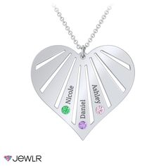 The possibilities are endless with this lovely heart necklace. Personalize with 2-7 sparkling birthstones that represent loved ones and engrave names, dates, or special words. Customize in your choice of sterling silver or gold. This necklace comes with a cable chain in sterling silver, and a dainty rope chain in white, yellow, or rose gold. In gold, you can upgrade to our diamond cut cable chain for a thicker look and more sparkle. Personalized Stainless Steel Heart Necklace For Anniversary, Silver Birthstone Necklace With Heart Charm, Heart-shaped Sterling Silver May Birthstone Necklace, Sterling Silver Heart-shaped Birthstone Necklace, Anniversary Heart Necklace With May Birthstone, Anniversary Heart Pendant Necklace With May Birthstone, Anniversary Heart Pendant Necklace For May Birthstone, Heart Pendant Necklace For Anniversary With May Birthstone, May Birthstone Heart Charm Necklace For Anniversary