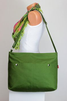 Green Messenger Large Canvas Bag Outer Zip Pocket Unisex College Bag Washable Crossbody Long Adjustable Strap Bookbag Gift For Men And Women Green Messenger Bag, College Bags, Big Pocket, Carry All Bag, Gorgeous Bags, Messenger Bags, Large Bag, Large Canvas, Cotton Bag