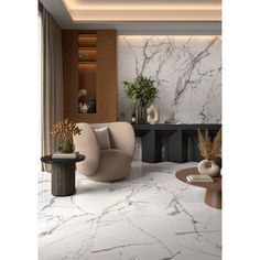 a living room with marble floors and walls