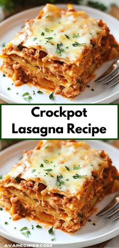 crockpot lasagna recipe on a plate with a fork in the middle