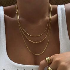 Three layer necklace with three different styles necklaces with one clasp. 18K Gold Plated Stainless Steel Triple Layer Necklace, Anniversary Necklace, Choker Style Necklace, Stacked Necklaces, Layered Necklace Set, Bohemian Necklace, Elegant Necklaces, Shell Necklaces, Chain Choker