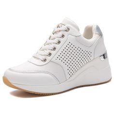 PRICES MAY VARY. BREATHABLE UPPER-- These wedge sneakers upper is made of premium knit fabric, its high breathability could increase the air circulation inside the shoes and keep your feet dry. NON-SLIP SOLE - Wedge tennis shoes with a non-slip durable rubber sole and cushioned insole provides sufficient cushioning and lends great arch support, which keeps your balance at all time. HIGH HEELS - 2.36" height including 0.59" platform and 1.77" heel, it's high heeled design can visually elongate th Trendy White Platform Sneakers With Wedge Heel, White Wedge Heel Platform Sneakers Casual, White Casual Platform Sneakers With Wedge Heel, Casual White Platform Sneakers With Wedge Heel, White Wedge Sneakers With Platform, Sporty White Wedge Heel Platform Sneakers, White Lace-up Wedge Sneakers, White Platform Wedge Sneakers For Summer, Trendy White Wedge Sneakers