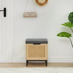 a white room with a black bench and potted plant on the wall next to it