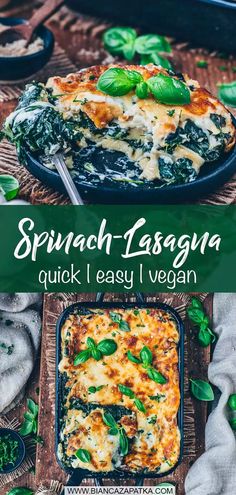 spinach lasagna in a casserole dish on a wooden table