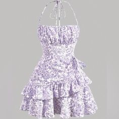 Floral Sundress Size Small. Brand New, Never Worn. Purple And White Design. Short Length Pastel Purple Casual Dress, Short Purple Dress Casual, White Ruffled Halter Neck Sundress, Cotton Ruffle Halter Neck Dress, White Halter Neck Sundress With Ruffles, Cotton Halter Neck Dress With Ruffles, Cotton Halter Neck Dress With Floral Print, Purple Cotton Mini Dress With Ruffles, Purple Simple Dress