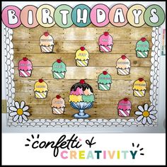 a wooden sign with cupcakes on it and the words happy birthday's