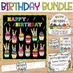 a birthday card with cupcakes and candles on it, surrounded by other cards