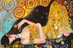 a painting of a woman laying on the ground with circles around her and stars in the sky