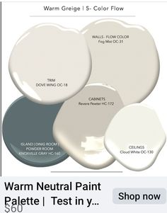 three different shades of white paint with the words warm neutral paint below it and below them