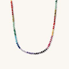 Named after the artist famous for her bold experimentation with colors, the Frida Necklace features vivid gemstone beads that will draw all eyes to your stack. Ranging from deep reds to bright yellows, we love all the brightness this necklace brings. Gemstone beads 4 MM beads Hypoallergenic + safe for sensitive skin Length: 15.5" + 3" extender Rainbow Gemstone Beaded Round Necklaces, Rainbow Gemstone Beaded Necklace With Round Beads, Rainbow Natural Stones Round Beads Necklaces, Rainbow Gemstone Beads Necklace, Rainbow Gemstone Beads Round Necklace, Adjustable Rainbow Polished Beads Necklace, Adjustable Rainbow Necklaces With Polished Beads, Rainbow Gemstone Beaded Necklace, Rainbow Single Strand Round Necklace