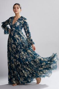 Shop for KoAi Green Chiffon Floral Print Maxi Dress for Women Online at Aza Fashions Cream Floral Dress, Blue Chiffon Dresses, Girls Maxi Dresses, Designer Maxi Dress, Maxi Dress For Women, Chiffon Floral, Floral Dresses Long, Maxi Dress Online, Indian Fashion Designers