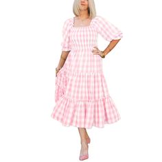 Light Pink Square Collar Pleated 1/2 Sleeve Floral Dress Spring Gingham Midi Dress With Square Neck, Fitted Gingham Midi Dress For Spring, Plaid Short Sleeve Spring Dress, Plaid Short Sleeve Dress For Spring, Short Sleeve Gingham Dresses For Spring, Spring Plaid Dress With Short Sleeves, Plaid Short Sleeve Midi Dress For Day Out, Feminine Plaid Spring Dress, Plaid Puff Sleeve Dress For Spring