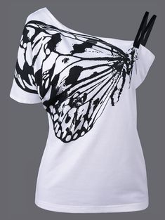 White Off Shoulder Top, Butterfly T Shirt, Collar T Shirt, Butterfly Top, Butterfly Shirts, Collar Tshirt, Womens Tops Summer, White Butterfly, Fashion Pattern