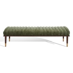 an upholstered bench with wooden legs and green fabric on the top, against a white background