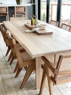 Angled view of White Oak Live-Edge Table against a white wall. - Saffron and Poe White Oak Table, Coastal Dining Room, Wood Dining Room Table, Garden Retreat, Coastal Dining, Kitchen Table Wood, Long Dining Table, Victorian Garden, Wood Dining Room