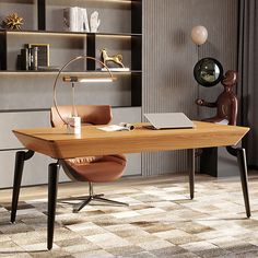 an office with a desk, chair and book shelf