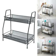 three tiered metal bathroom shelf with soap and lotion on the bottom, two shelves holding toiletries