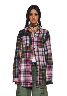 Current Mood Punquetee Punk Rock Oversized Mixed Flannel Plaid Button Down Long Sleeve Top - Multi – Dolls Kill Plaid Long Sleeve Flannel Shirt With Button Closure, Plaid Long Sleeve Top For Fall, Oversized Flannel Shirt For Fall, Winter Long Sleeve Patchwork Shirt, Fall Plaid Shirt With Patch Pockets, Oversized Plaid Flannel Shirt With Pockets, Plaid Long Sleeve Flannel Shirt, Plaid Patchwork Tops For Fall, Flannel Workwear Tops With Pockets