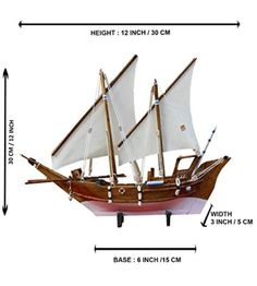 a wooden model boat with white sails and two masts, measurements for each ship