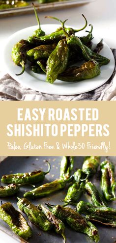 easy roasted shishito peppers on a plate