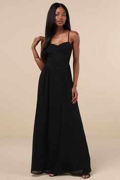 Forget dressing to the nines, because when you slip on the Lulus Exuding Excellence Black Sleeveless Bustier Maxi Dress you'll always be a ten! Airy woven chiffon shapes this event-ready dress that falls from adjustable spaghetti straps into a sweetheart neckline and a bustier-inspired bodice with seamed, lightly padded cups. Basque-style waist features light gathering at the sides as it continues into a cascading, A-line maxi skirt. Hidden back zipper/clasp. Fit: This garment fits true to size. Lulus Black Dress, Black Spaghetti Strap Dress, Dressed To The Nines, Adhesive Bra, Bustier Dress, The Nines, Sleeveless Maxi Dress, Black Sleeveless, Large Size Dresses