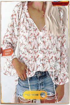 Floral Print Flares Sleeve Blouse Non-stretch Printed Casual Blouse, Casual Non-stretch Printed Blouse, Non-stretch Feminine Blouse With Floral Print, Non-stretch Long Sleeve Summer Blouse, Non-stretch Long Sleeve Blouse For Day Out, Non-stretch Long Sleeve Beach Blouse, Non-stretch Long Sleeve Blouse For Beach, Non-stretch Long Sleeve Blouse For Vacation, Spring Vacation Long Sleeve Blouse